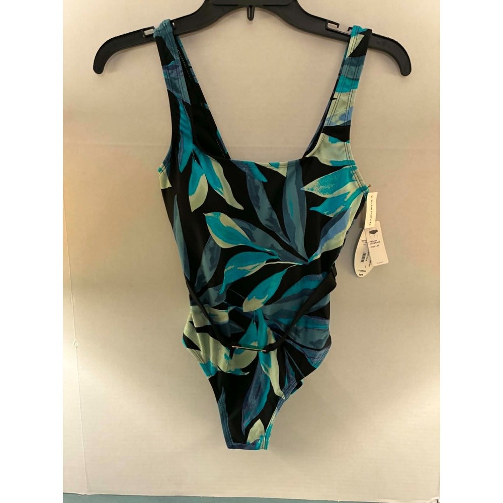 Mynah Tulum‎ Tropical Belted One Piece Swimsuit Abstract Palm Blue Teal XS NEW
